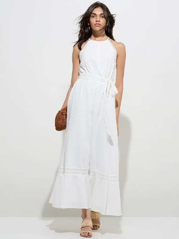 Polyester mini dresses for easy care LOV White Self-Checkered Cotton A-Line Dress with Belt Polyester mini dresses for easy care LOV White Self-Checkered Cotton A-Line Dress with Belt