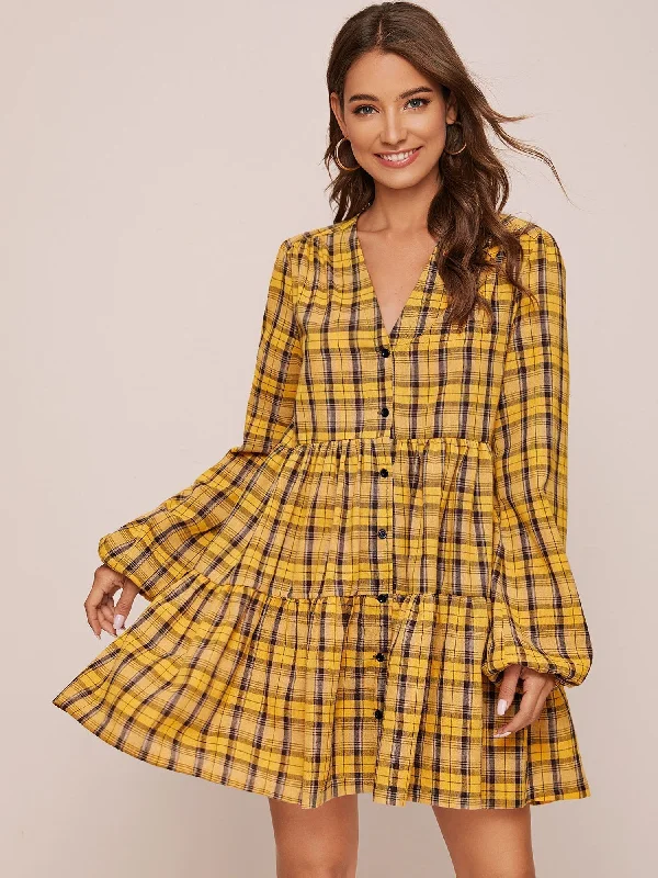 Midi dresses with keyhole backs for a flirty and unexpected detail KittenAlarm - Women Casual  Bell Sleeve Ruffle Tiered Pleated Loose Mini Swing Shift Dresses(S-XL)