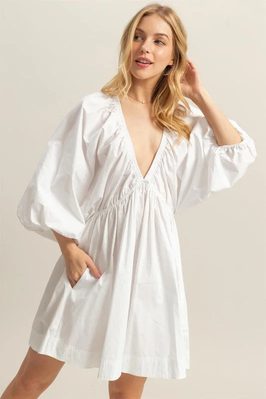 Mini dresses with embroidered details for a unique touch Plunge Balloon Sleeve Poplin Mini Dress with Pockets Mini dresses with embroidered details for a unique touch Plunge Balloon Sleeve Poplin Mini Dress with Pockets