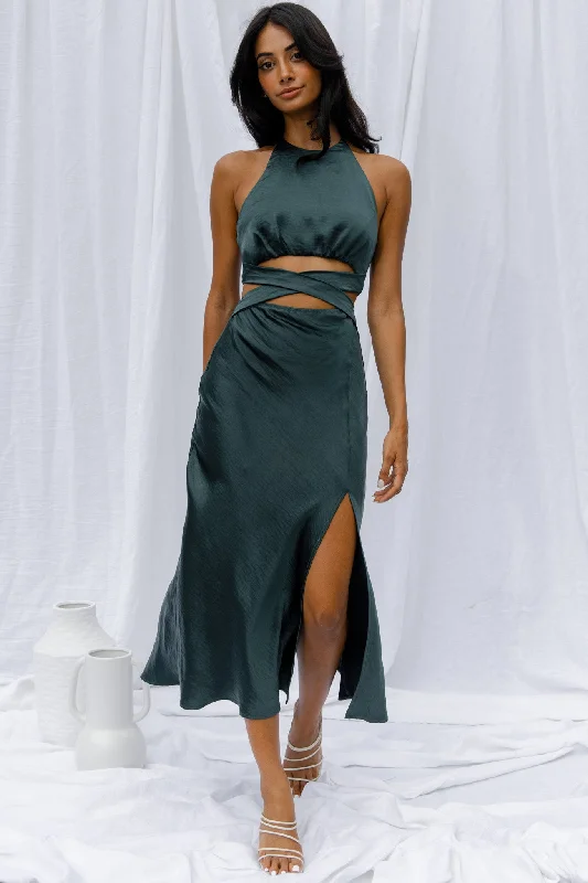 Midi dresses with pom - pom trims for a playful and festive look Social Butterfly Cut-Out Waist Midi Dress Jade