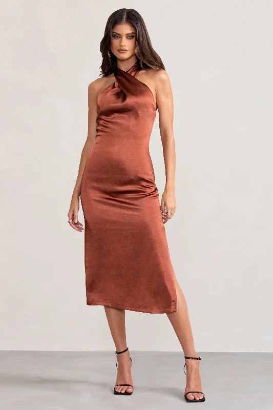 Midi dresses with patchwork patterns for a one - of - a - kind style Dazzling | Rust Satin Cross Over Halter Neck Midi Dress Midi dresses with patchwork patterns for a one - of - a - kind style Dazzling | Rust Satin Cross Over Halter Neck Midi Dress