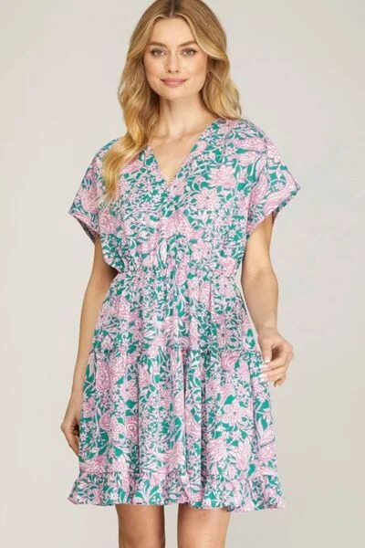 Ruffled mini dresses for a romantic touch Full Size Ruffled Hem Printed Surplice Kimono Sleeve Mini Dress Ruffled mini dresses for a romantic touch Full Size Ruffled Hem Printed Surplice Kimono Sleeve Mini Dress