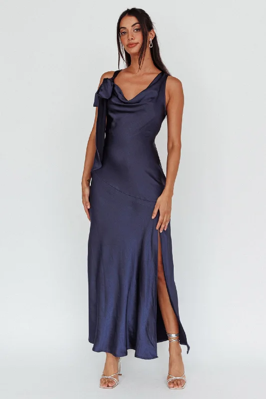 Midi dresses with abstract art prints for an artistic statement Averie Bow Shoulder Split Midi Dress Navy Midi dresses with abstract art prints for an artistic statement Averie Bow Shoulder Split Midi Dress Navy