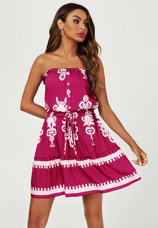 Ruffled mini dresses for a romantic touch Printed Broderie Strapless Mini Dress In Fuchsia Ruffled mini dresses for a romantic touch Printed Broderie Strapless Mini Dress In Fuchsia