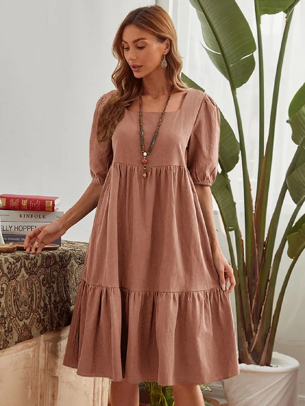 Midi dresses with ruffled hems for a romantic date night KittenAlarm - Puff Sleeve Shirred Waist Ruffles Dress