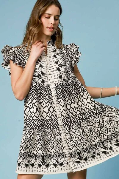 Mini dresses with button - down fronts Full Size Mixed Print Mini Dress