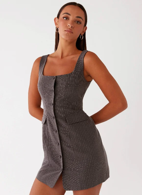 Mini dresses with cut - out details for a trendy look Westwood Mini Dress - Grey Pinstripe Mini dresses with cut - out details for a trendy look Westwood Mini Dress - Grey Pinstripe