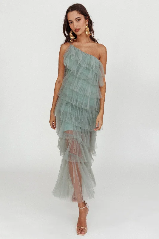 Midi dresses with off - the - shoulder necklines for a flirty look Arrabel Tiered Ruffle Tulle Maxi Dress Sage Midi dresses with off - the - shoulder necklines for a flirty look Arrabel Tiered Ruffle Tulle Maxi Dress Sage
