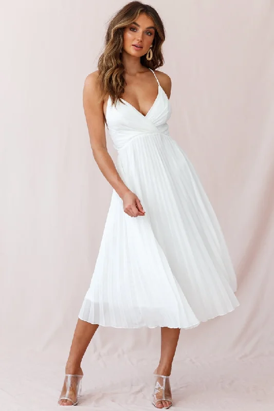 Midi dresses with pom - pom trims for a playful and festive look Artemis Accordion Pleat Strappy Back Midi Dress White Midi dresses with pom - pom trims for a playful and festive look Artemis Accordion Pleat Strappy Back Midi Dress White