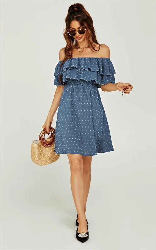 Mini dresses with cut - out details for a trendy look Bardot Frill Mini Dress In Blue Mini dresses with cut - out details for a trendy look Bardot Frill Mini Dress In Blue