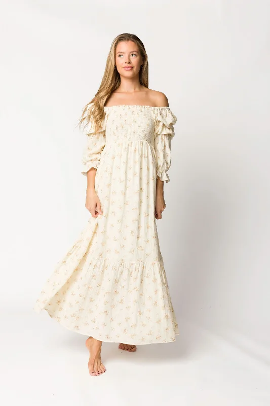 Sheath midi dresses with beaded embellishments for a formal occasion Emerson Smocked Gauze Maxi Dress with Long Sleeves in Natural - Bump Friendly