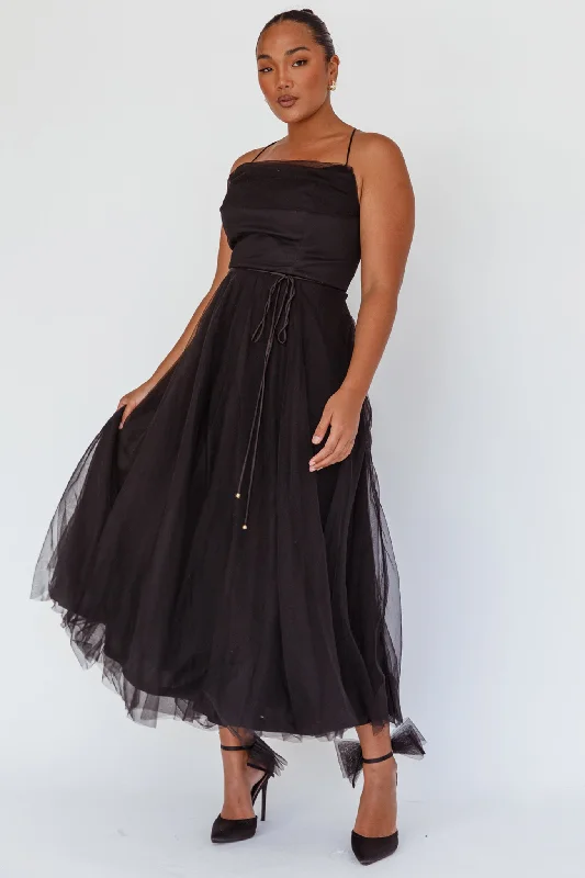 Midi dresses with polka dot prints for a playful summer outfit Floating By Pleated Neckline Mesh Midi Dress Black Midi dresses with polka dot prints for a playful summer outfit Floating By Pleated Neckline Mesh Midi Dress Black
