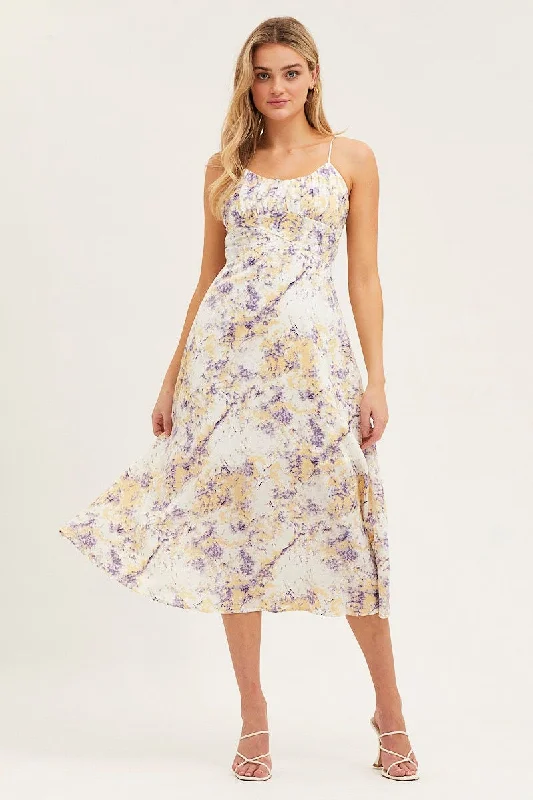 Midi dresses with wrap - around skirts for a customizable fit Abstract Print Gathered Bust Tie Back Midi Dress