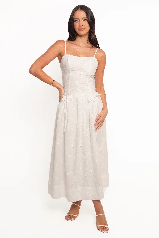 Midi dresses with lace - up fronts for a unique and adjustable style Raya Midi Dress - White