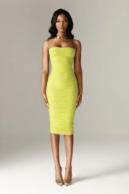 A - line midi dresses with floral prints for spring brunches Justina Ruched Organza Mesh Midi Dress (Lime)