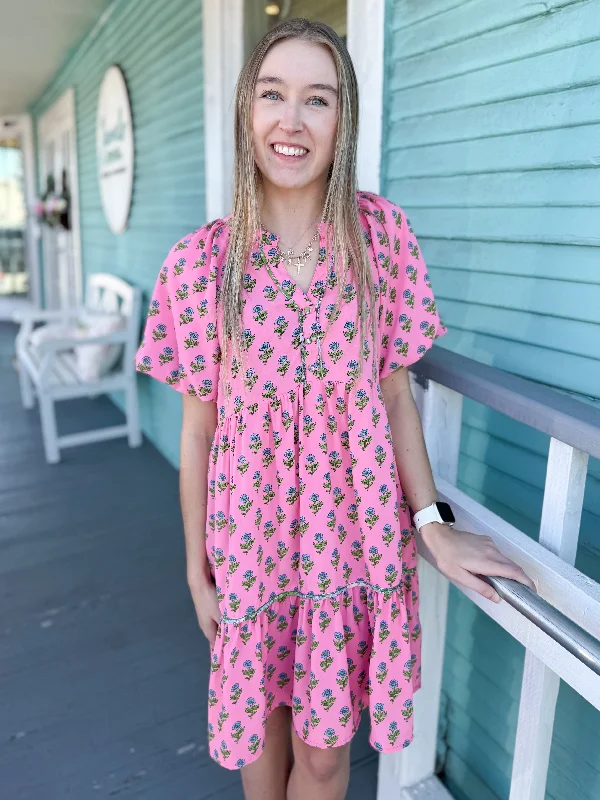 Mini dresses with one - shoulder designs The Flora Printed Short Dress-Pink