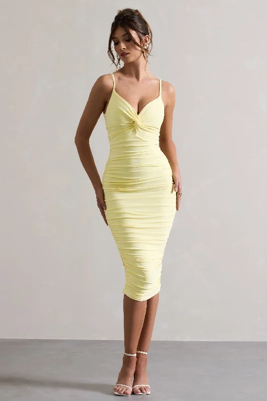 Midi dresses with geometric cutouts for a contemporary and edgy look Desired | Lemon Knot Detail Ruched Midi Dress