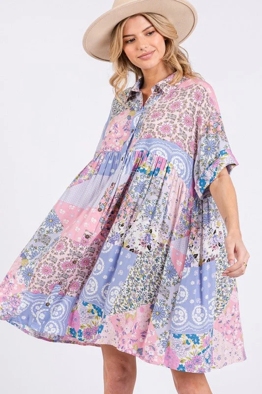 Mini dresses with ruched bodices for a feminine touch SAGE + FIG Floral Collared Neck Half Sleeve Mini Shirt Dress