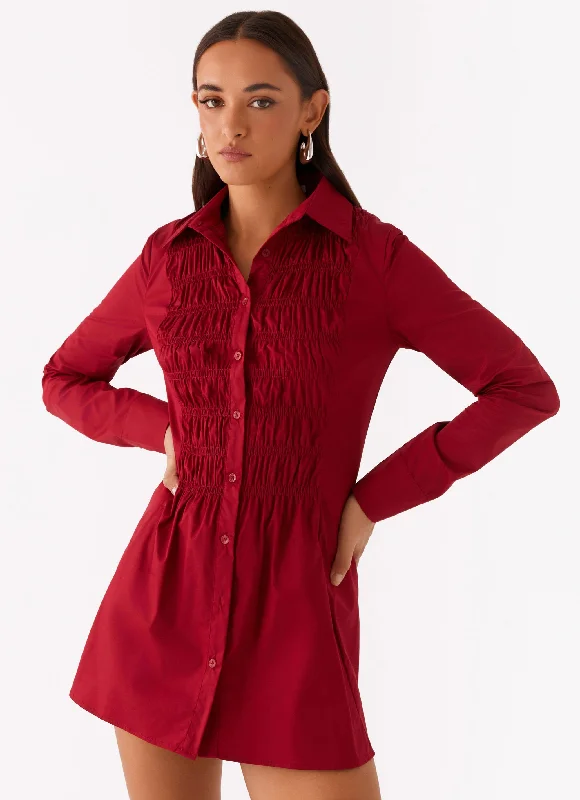 Mini dresses with abstract prints for an artistic look Tessie Shirred Shirt Dress - Rhubarb Mini dresses with abstract prints for an artistic look Tessie Shirred Shirt Dress - Rhubarb