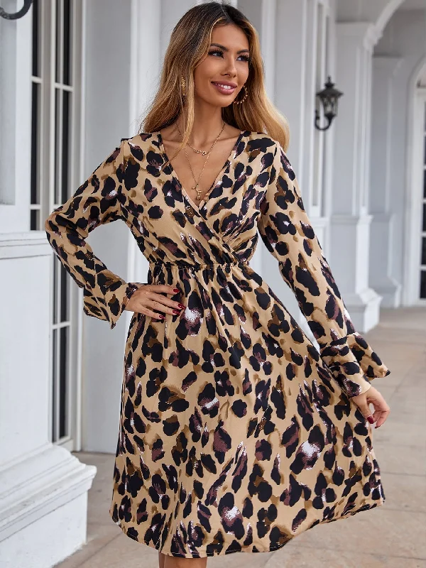 Midi dresses with belted waists to accentuate the figure KittenAlarm - Surplice Neck Elastic Waist Dress