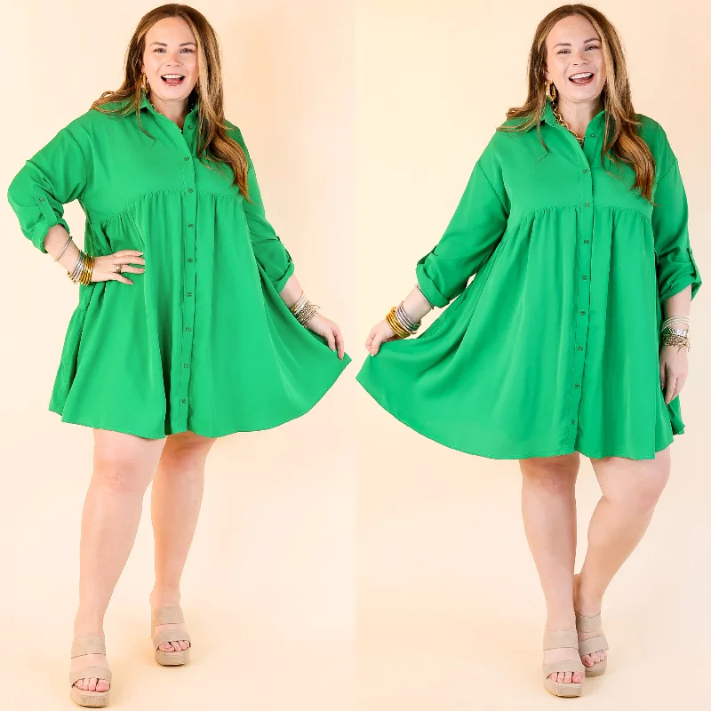 Cotton mini dresses for a comfortable everyday option Risky Business Button Up Babydoll Dress in Green Cotton mini dresses for a comfortable everyday option Risky Business Button Up Babydoll Dress in Green