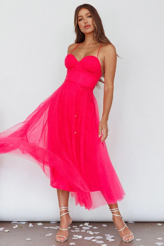 Midi dresses with polka dot prints for a playful summer outfit Smitten Sweetheart Neckline Chiffon Midi Dress Fuchsia