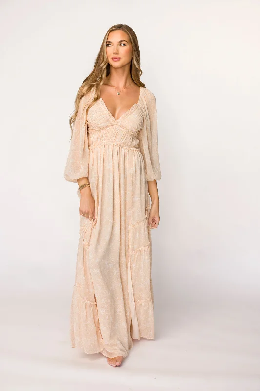 Midi dresses with satin - finish fabrics for a luxurious feel Daphne Long Sleeve Maxi Dress in Light Beige/White Floral - Bump Friendly & Inclusive Sizing (XS-3XL)
