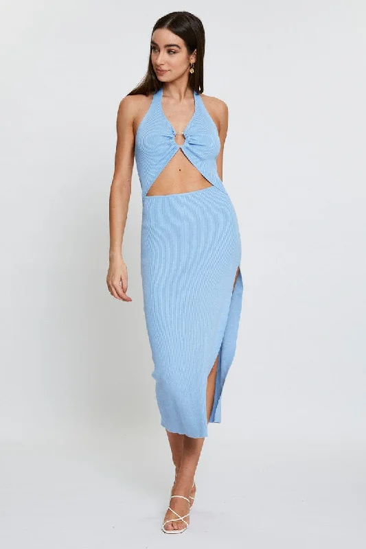 Sheath midi dresses with beaded embellishments for a formal occasion Blue Midi Dress Knit