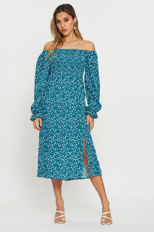 High - low midi dresses with geometric patterns for a modern party Print Midi Dress Off Shoulder