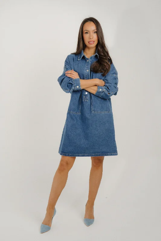Mini dresses with high - low hems for a modern twist Kiera Short Denim Shirt Dress In Mid Wash Mini dresses with high - low hems for a modern twist Kiera Short Denim Shirt Dress In Mid Wash