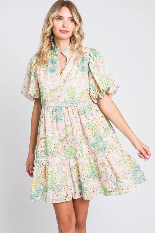Sequined mini dresses for New Year's Eve Floral Eyelet Lace Puff Sleeve Mini Dress
