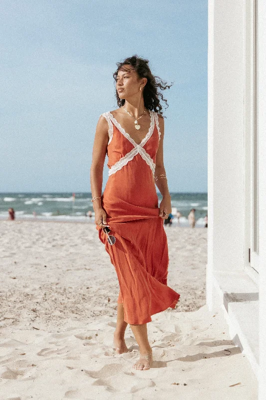 Midi dresses with ruffled bodices for a more pronounced feminine look Andie Midi Dress - Blood Orange