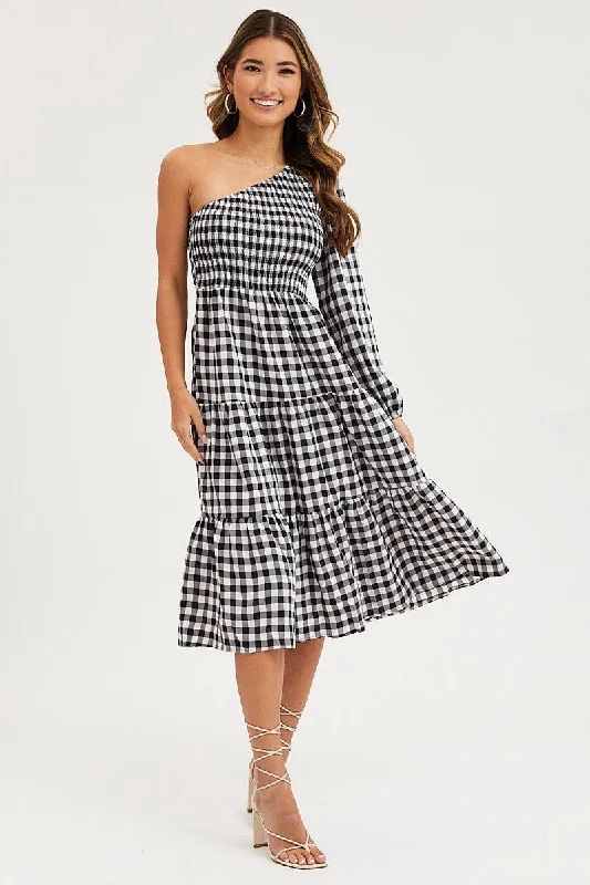 Midi dresses with tassel accents for a bohemian and free - spirited style Check Dress One Shoulder Midi Midi dresses with tassel accents for a bohemian and free - spirited style Check Dress One Shoulder Midi