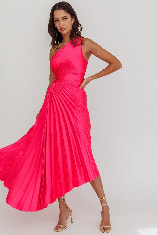 Midi dresses with embroidered accents for a unique and detailed design Brooklynn One-Shoulder Accordion Pleat Satin Midi Dress Fuchsia