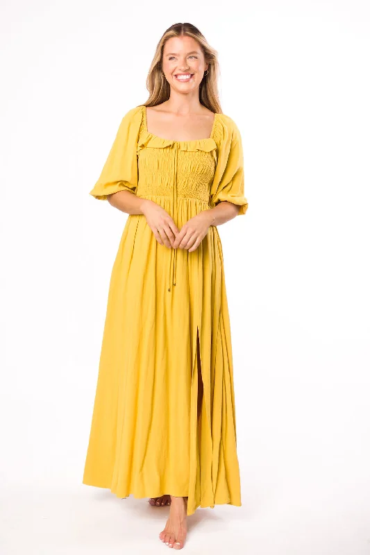 Midi dresses with V - necklines for a flattering and elongating effect Devon Smocked Maxi Dress in Mustard - Bump Friendly Midi dresses with V - necklines for a flattering and elongating effect Devon Smocked Maxi Dress in Mustard - Bump Friendly