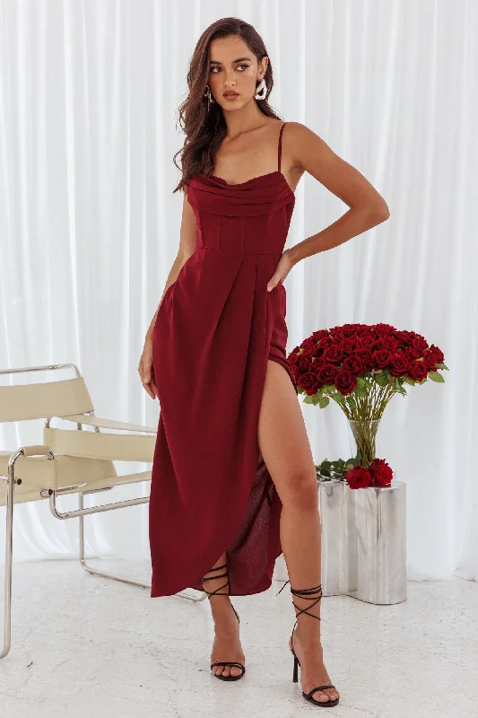 Midi dresses with ruched bodices for a feminine and fitted feel Patrice Draped Neck Split Midi Dress Wine Midi dresses with ruched bodices for a feminine and fitted feel Patrice Draped Neck Split Midi Dress Wine