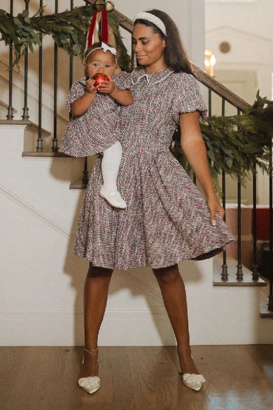 Mini dresses with puff sleeves for a vintage look Celine Dress in Navy Plaid - FINAL SALE