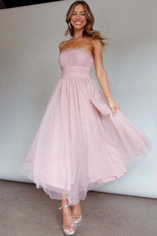 Midi dresses with animal prints for a bold and confident appearance Fayette Strapless Mesh Midi Dress Blush