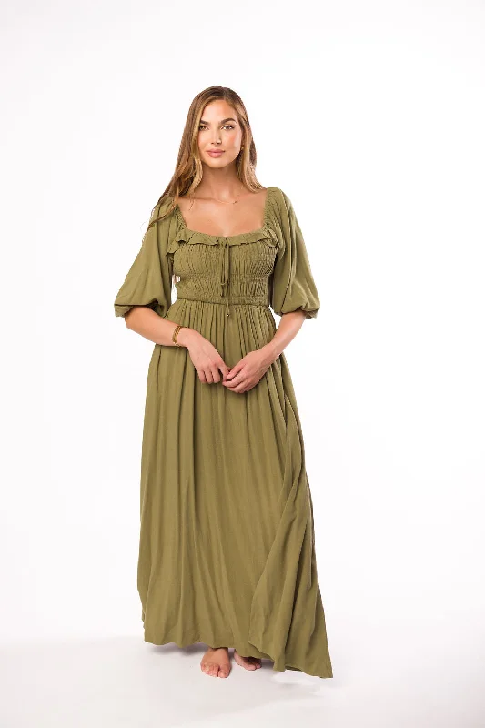 Midi dresses with sheer panels for a touch of allure Devon Smocked Maxi Dress in Light Olive - Bump Friendly Midi dresses with sheer panels for a touch of allure Devon Smocked Maxi Dress in Light Olive - Bump Friendly