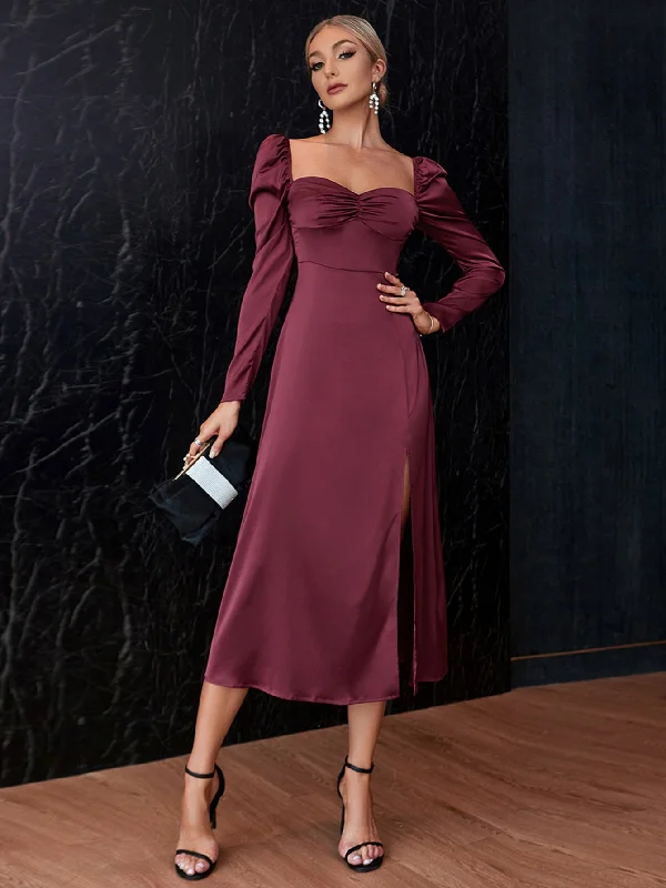 Midi dresses with gathered skirts for a full and flowing silhouette KittenAlarm - Sweetheart Neck Split Thigh Satin Dress