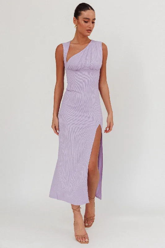 Midi dresses with ribbed textures for a unique and tactile appearance Daleela Asymmetric Neckline Maxi Dress Lilac Midi dresses with ribbed textures for a unique and tactile appearance Daleela Asymmetric Neckline Maxi Dress Lilac