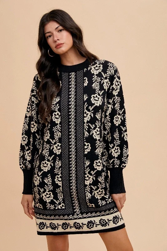 Mini dresses with puff sleeves for a vintage look Annie Wear Floral Jacquard Round Neck Sweater Dress Mini dresses with puff sleeves for a vintage look Annie Wear Floral Jacquard Round Neck Sweater Dress