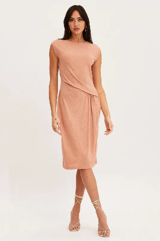 Maxi - inspired midi dresses with flowing fabrics for a beachy vibe Orange Midi Dress Short Sleeve Round Neck