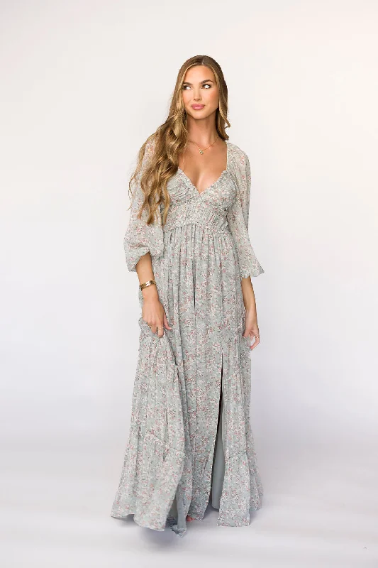 Midi dresses with fringe details for a fun and energetic style Daphne Long Sleeve Maxi Dress in Sage/Pink/Ivory Floral - Bump Friendly & Inclusive Sizing (XS-3XL)
