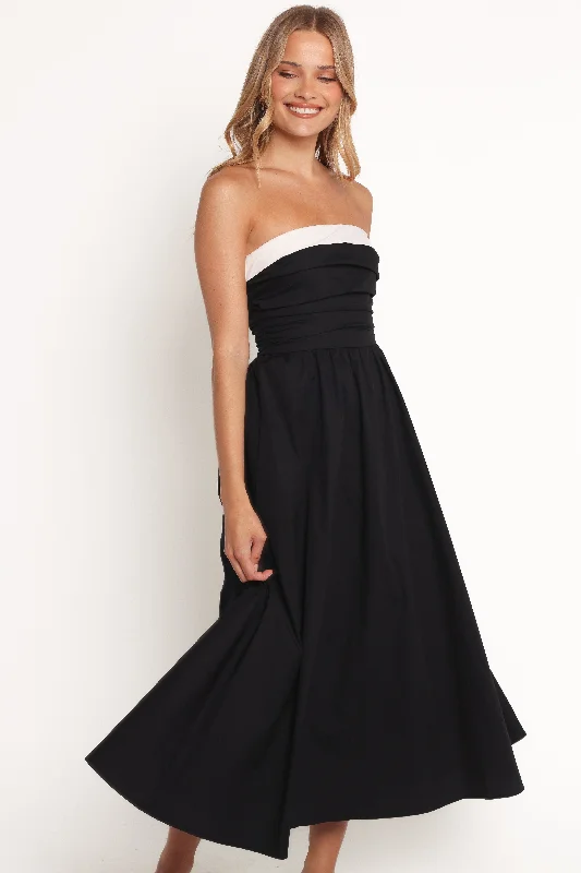Midi dresses with satin - finish fabrics for a luxurious feel Marais Strapless Midi Dress - Black Midi dresses with satin - finish fabrics for a luxurious feel Marais Strapless Midi Dress - Black