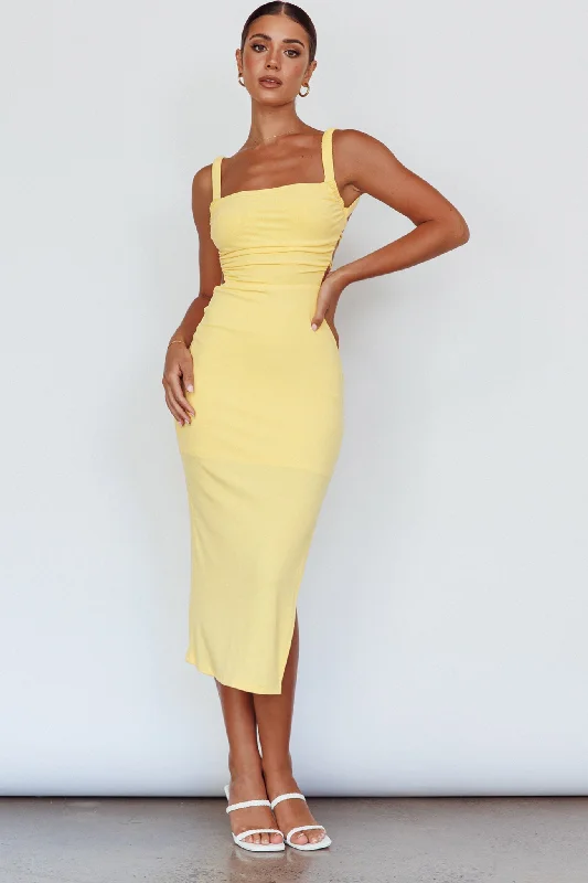 Midi dresses with pleated skirts for a timeless and elegant appeal Dream Crush Lace-Up Back Side Split Midi Dress Lemon Midi dresses with pleated skirts for a timeless and elegant appeal Dream Crush Lace-Up Back Side Split Midi Dress Lemon