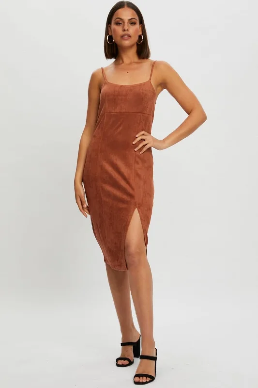 High - low midi dresses with geometric patterns for a modern party Beige Faux Suede Bodycon Midi Dress