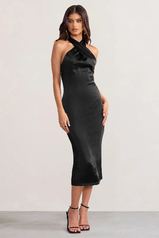 Plaid midi dresses for a fall - themed family gathering Dazzling | Black Satin Cross Over Halter Neck Midi Dress