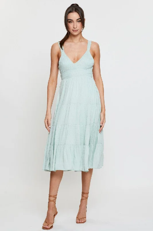 Midi dresses with button - down skirts for a unique and functional design Green Midi Dress Sleeveless V Neck