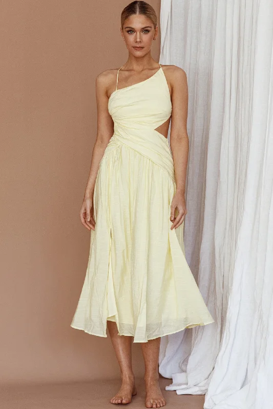 Maxi - inspired midi dresses with flowing fabrics for a beachy vibe Destination Open Back Midi Dress Lemon Maxi - inspired midi dresses with flowing fabrics for a beachy vibe Destination Open Back Midi Dress Lemon